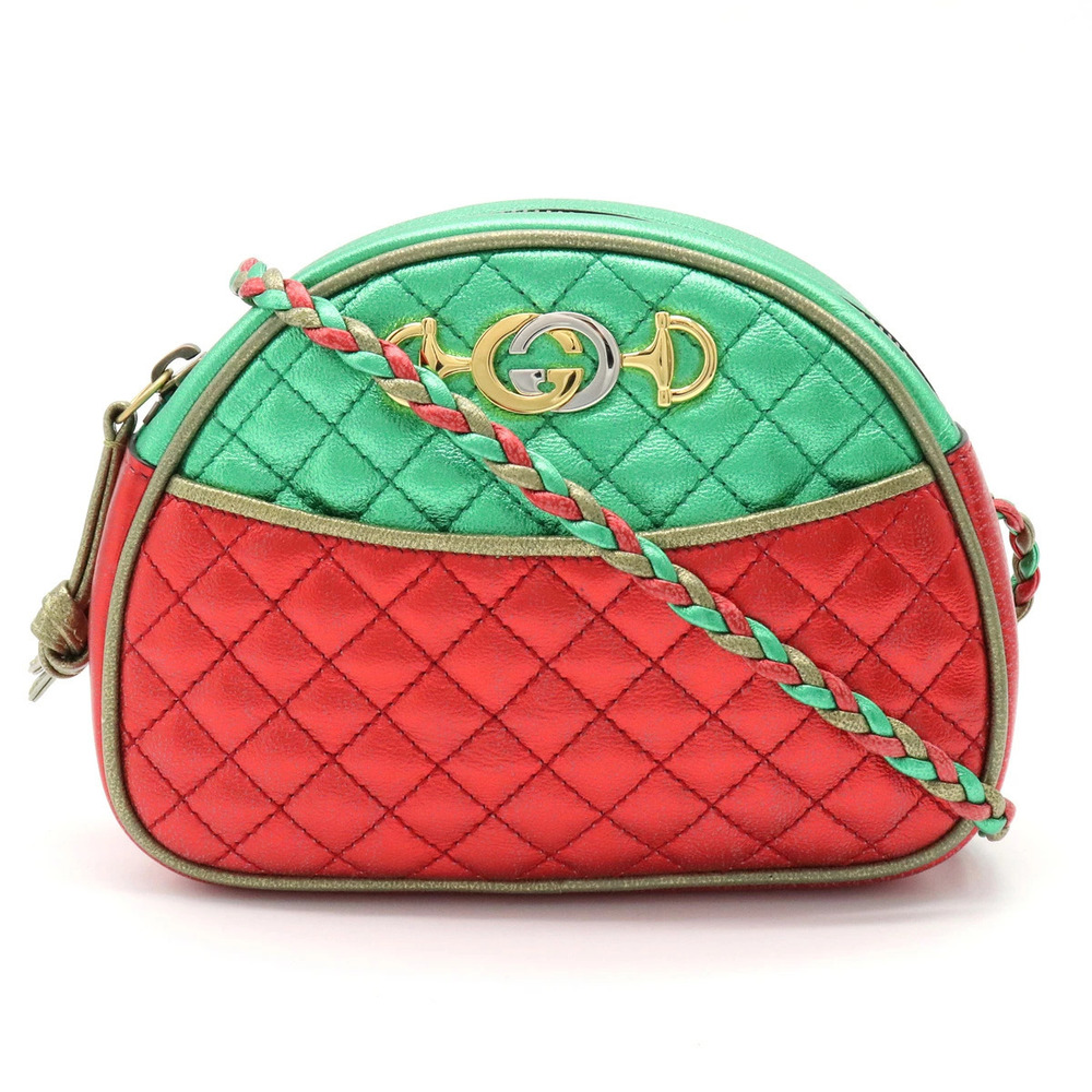 Gucci Laminated Crossbody Bag Quilted Leather Red Green Gold
